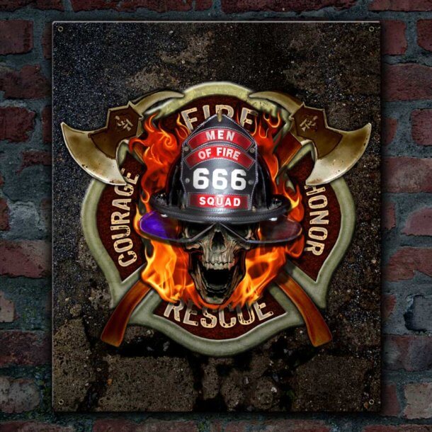 Men Of Fire 666 Squad Vintage Firefighter Sign by Fire and Axes