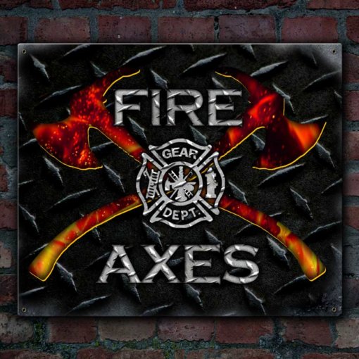 The Fire and Axes Vintage Firefighter Sign is a fiery blend of original fireman art inspired by Firemen for our firefighters