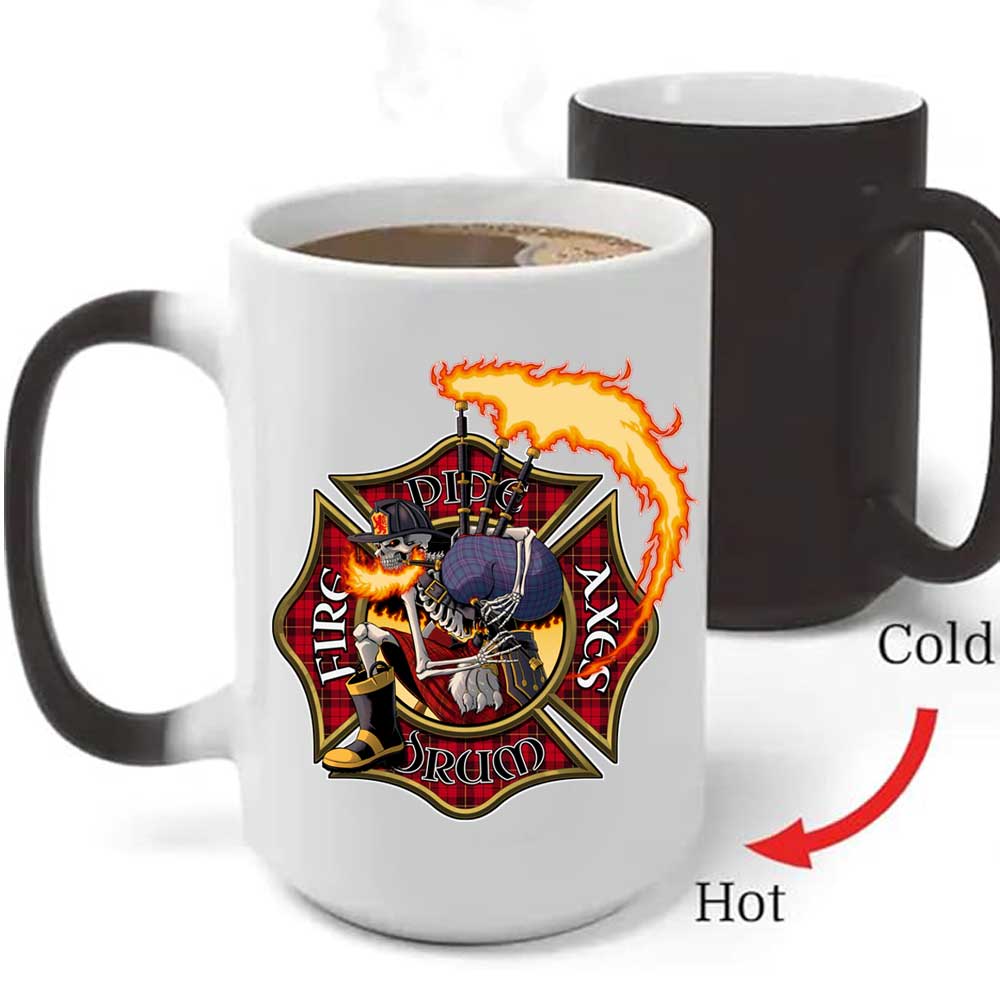Pipes and Drum Scottish Skeleton Bagpipes Firefighter Heat-Activated 15 oz Ceramic Custom Coffee Mug