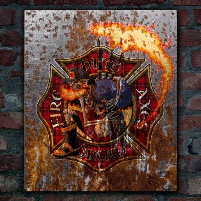 Pipes and Drum Firefighter Sign in Vintage