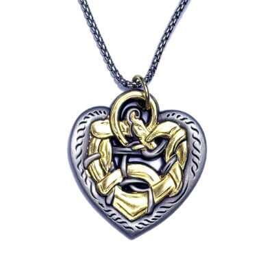 Celtic Dragon Heart Gold and Sterling Silver Necklace Jewelry with Chain
