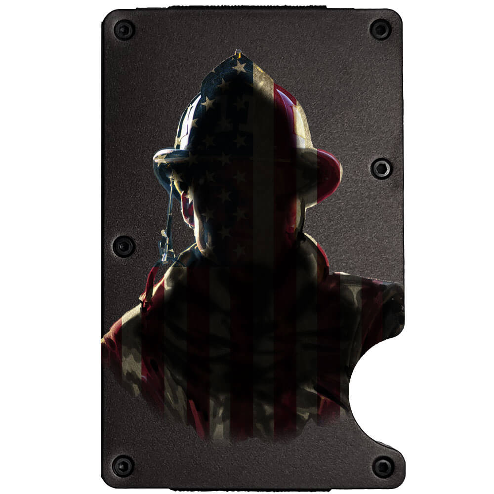 Fireman Silhouette US Flag Patriotic Metal-Plate Cardholder Firefighter Men's Wallet